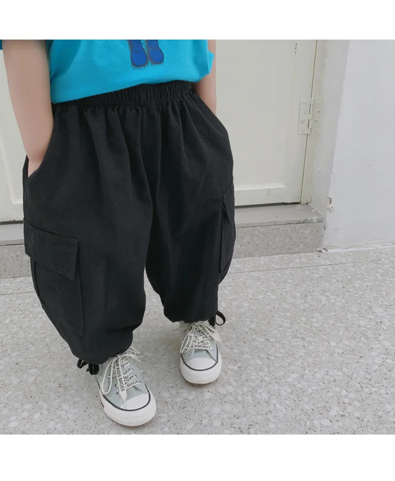 Однотонные штаны для мальчиков в Корейском стиле с боковыми карманами 2019 г. Осенние свободные брюки с резинками на щиколотках для девочек