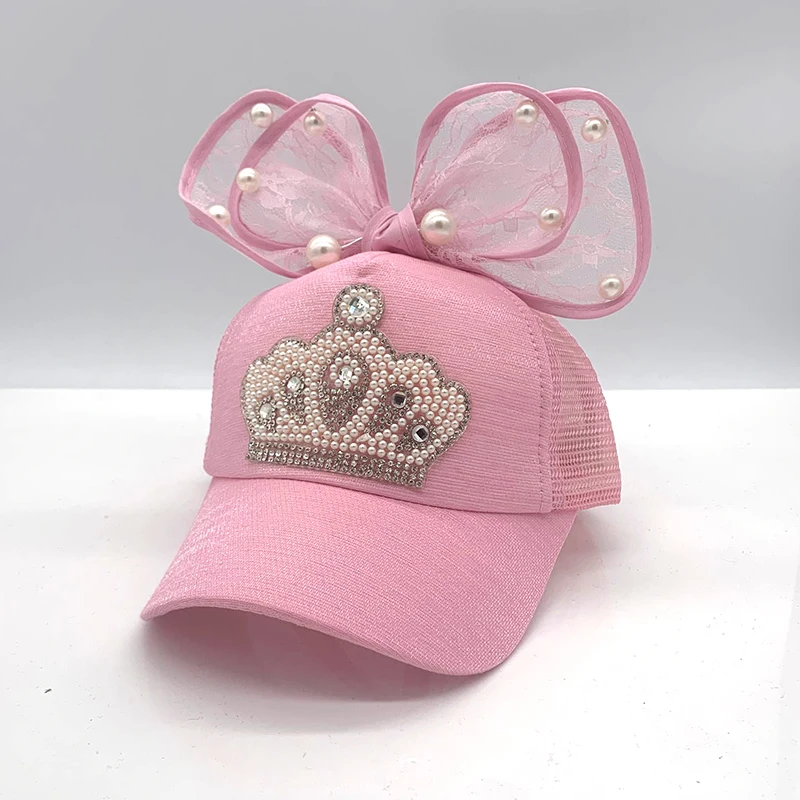 Baseball Cap Baseball Hats Baseball Caps Sun Cap Cute Girls Mesh cap Spring Summer Children Baseball Cap Baby Princess Snapback Hip Hop Caps Rabbit Ear Pearl Big Bow Kids Sun Hat