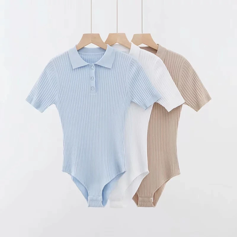 Withered ins vintage AA wind rib stretchy polo collar sexy bodysuits women combinaison femme combinaison femme bodysuits women