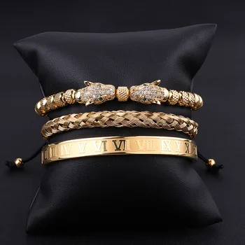 High Quality Luxury Bracelet Set Stainless Steel Roman Bangle CZ Leopard Charm Jewelry Handmade Macrame Bracelets Men Gift