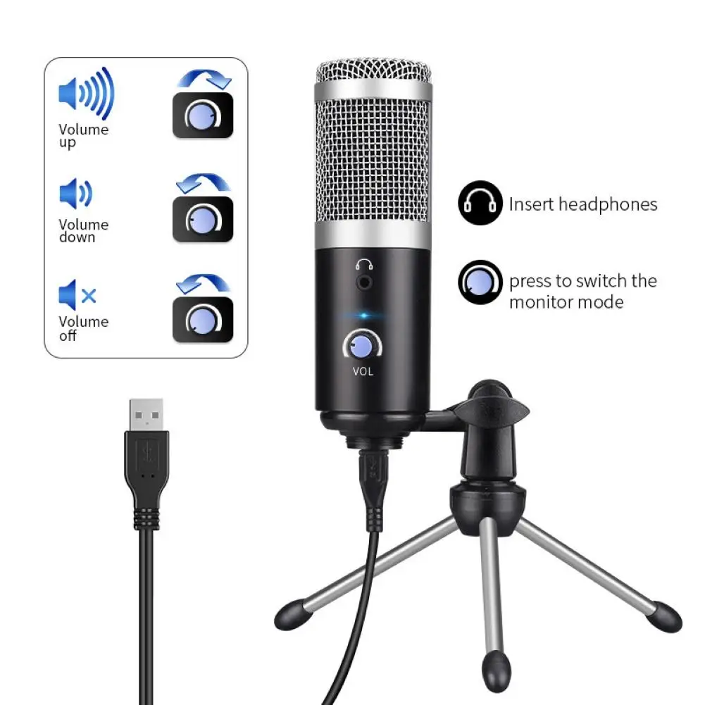 USB Studio condenser microphone with large diaphragm condenser microphone for real-time monitoring for broadcasting tripods with
