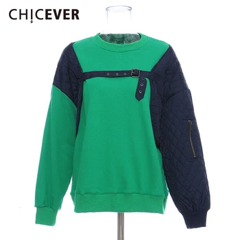 

CHICEVER Casual Patchwork Sweatshirts Women O Neck Long Sleeve Loose Hit Color Lace Up Sweatshirt Female Fashion 2020 Spring New