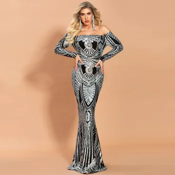 

Vintage Slash neck Dress Sexy Celedrity Backless Women Night Club Body con Party sparkle Sequined Off the Shoulder Full Dresses