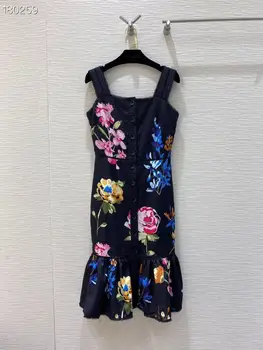 

Runway Summer Dress 2020 Fashion Women Spaghetti Strap Single Breasted Floral Print Sleeveless Empire Trumpet Dress