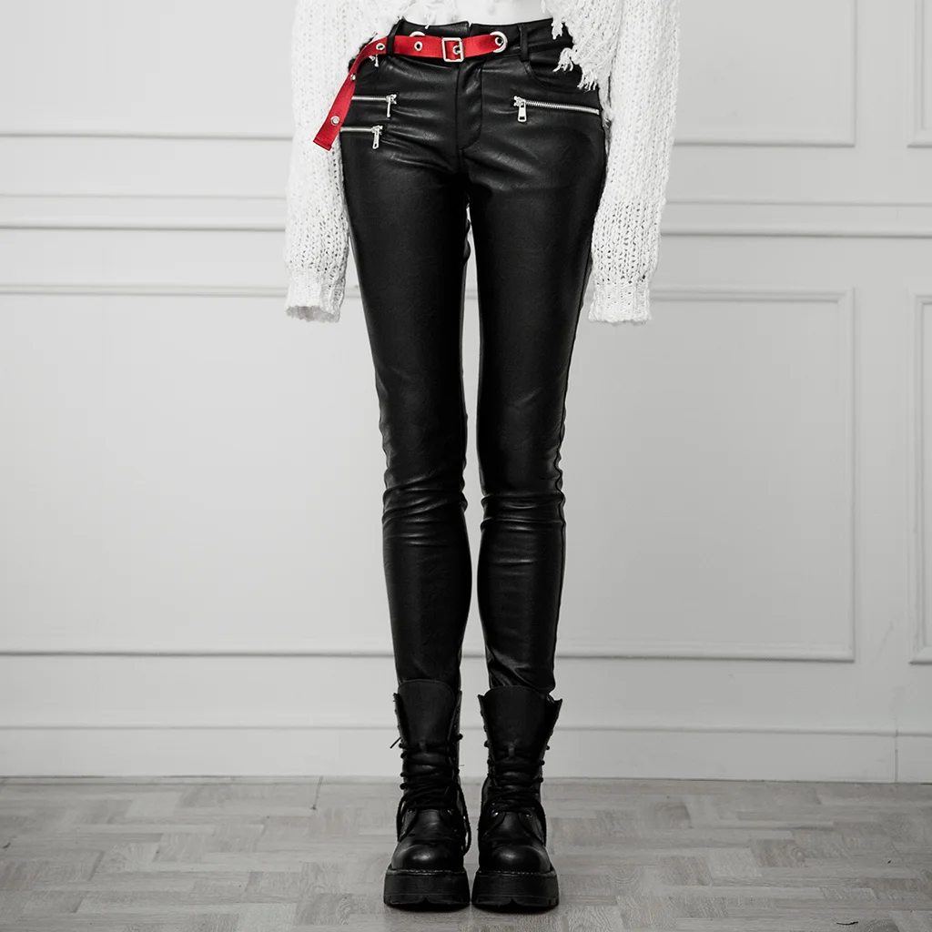 PUNK RAVE vrouwen Punk Stijl Oogje Contrast Kleur Riem PU Lederen Broek Slim Fit Elasticiteit Vrouwen Skinny Potlood Broek PUNK RAVE vrouwen Punk Stijl Oogje Contrast Kleur Riem PU Lederen Broek Slim Fit Elasticiteit Vrouwen Skinny Potlood Broek