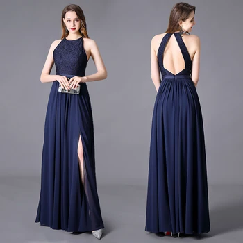 

Evening Dress Navy Blue A-line Halter Jersy Sleeveless High Spilt Floor Length Long Dress with Zipper Back Wedding Guest Dress