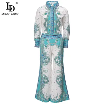 

LD LINDA DELLA 2020 Spring Autumn Fashion Suit Women Vintage Blue White Print Long Sleeve Shirt＋Loose Ankle-Length Pants Suits