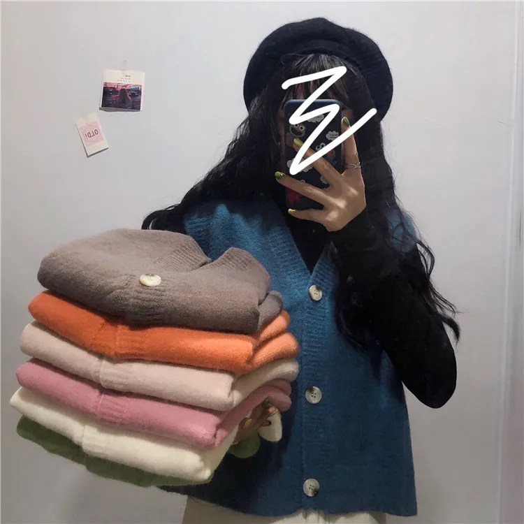 Autumn Women Solid Color Sweater Cardigan Vest Loose Wearing A Small Korean New Knitted Cardigan Single-breasted Women Vest