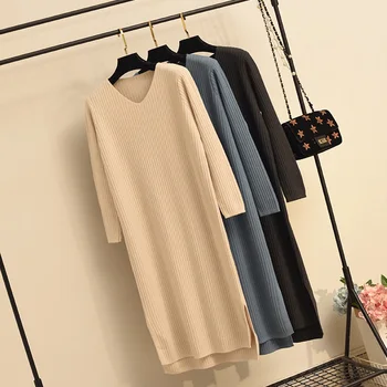 

Women's Autumn Winter Mid-length Dress V-neck Loose Sweater Vestidos Black Knitted Female Long-Sleeved Bottoming Dress L58