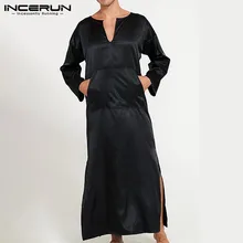 INCERUN Шелковый Атласный халат для сна, мужской однотонный комфортный v-образный вырез, длинный рукав, карманы, сексуальная одежда для сна, Домашняя мода, мужские пижамы, халаты