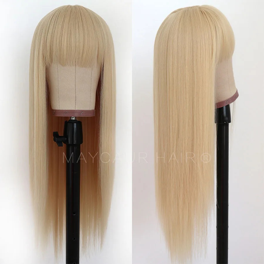 Maycaur Blonde Synthetic Hair Wigs with Full Bangs #613 Color Long Straight Women's Wig Heat Resistant Synthetic No Lace Front Wig (2)