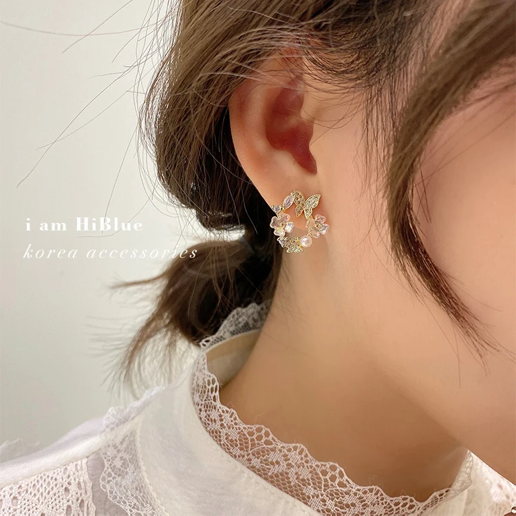 Korean new design fashion jewelry 14K gold plating zircon shell flower butterfly earrings elegant women’s wedding accessories