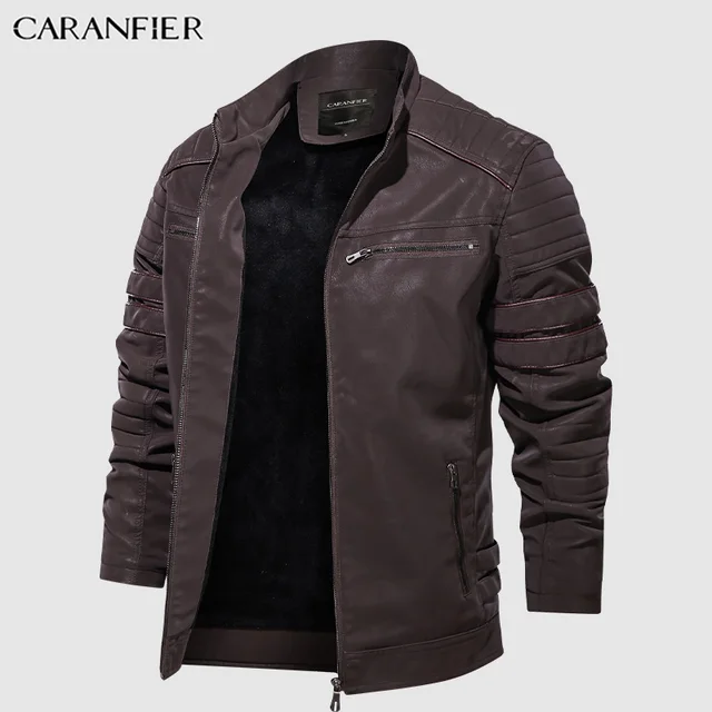 CARANFIER Fashion Winter Leather Jacket Men Stand   1