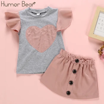 

Humor Bear Summer Kids Girl Clothing Sets 2Pcs Heart Printed Short Sleeve Top+Button Skirt Children Clothes Suit Sets For Girls