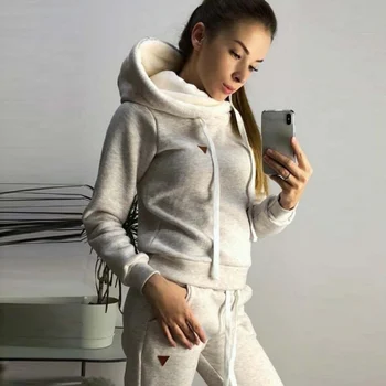 

Women Fashion Loose Plus Velvet Thicken Hooded Tops Sweatpants Sport Clothes Set Female Solid Color Set