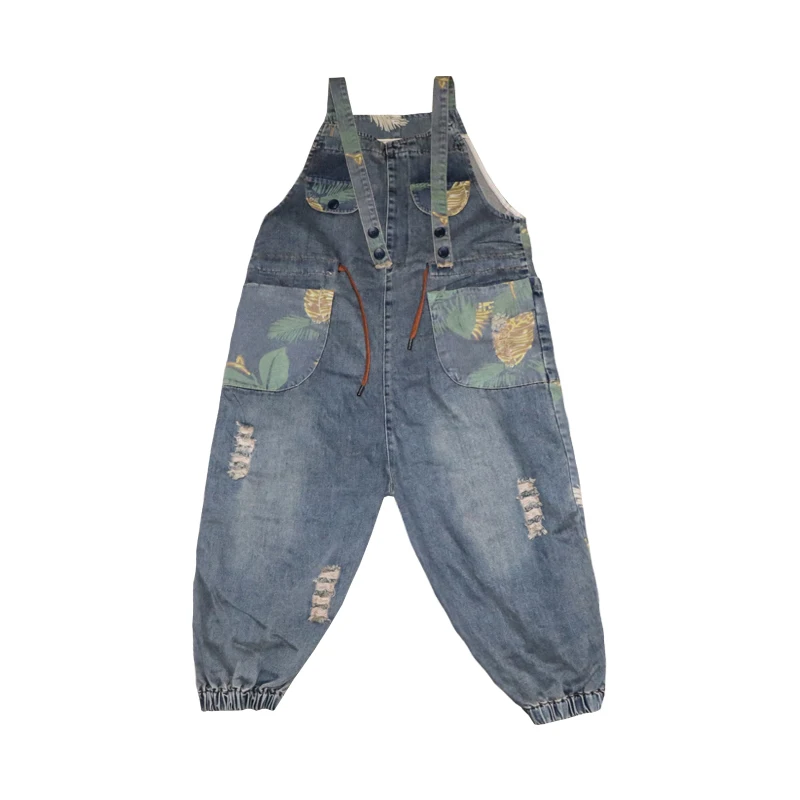 Denim Cropped Overalls Women's Spring and Autumn New Retro Printing Personality Pocket Holes Loose Large Size Jumpsuit