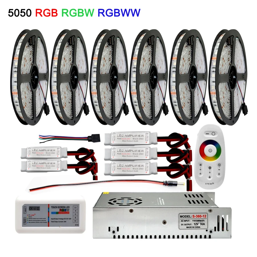 

5050 LED Strip RGBW/RGBWW Flexible Set With 2.4G Touch RF Remote Controller+12V Power Supply Adapter+Amplifier 5M/10M/15M/20M