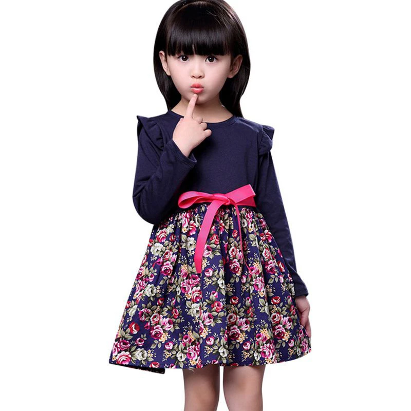 

Girl Dresses Kids Long Sleeve Belt Stitching Flower Princess Dresses Children Girls Spring Autumn Clothes Party Wedding Outfits