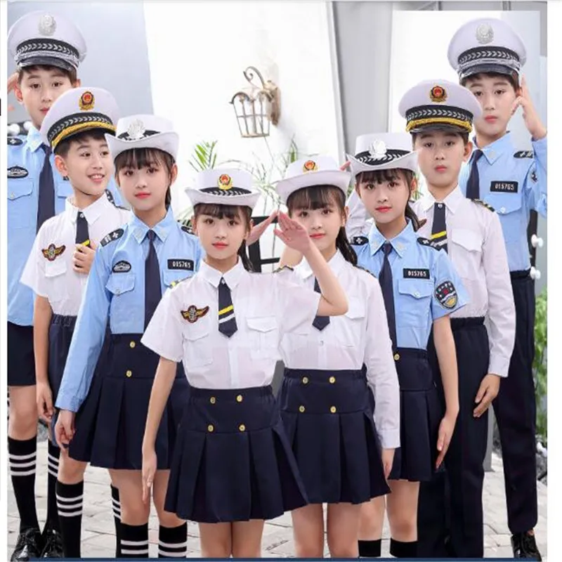 Boys Girls Police Costume Carnival Party Purim Children Performance Clothing Set Fancy School Role Play Policemen Uniform