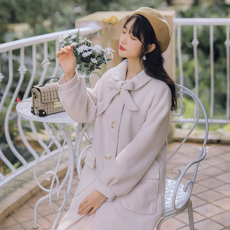 New Winter Women Wool Blends Coat Solid Full Sleeve Turn-down Collar Coats Outerwear Apricot 8856