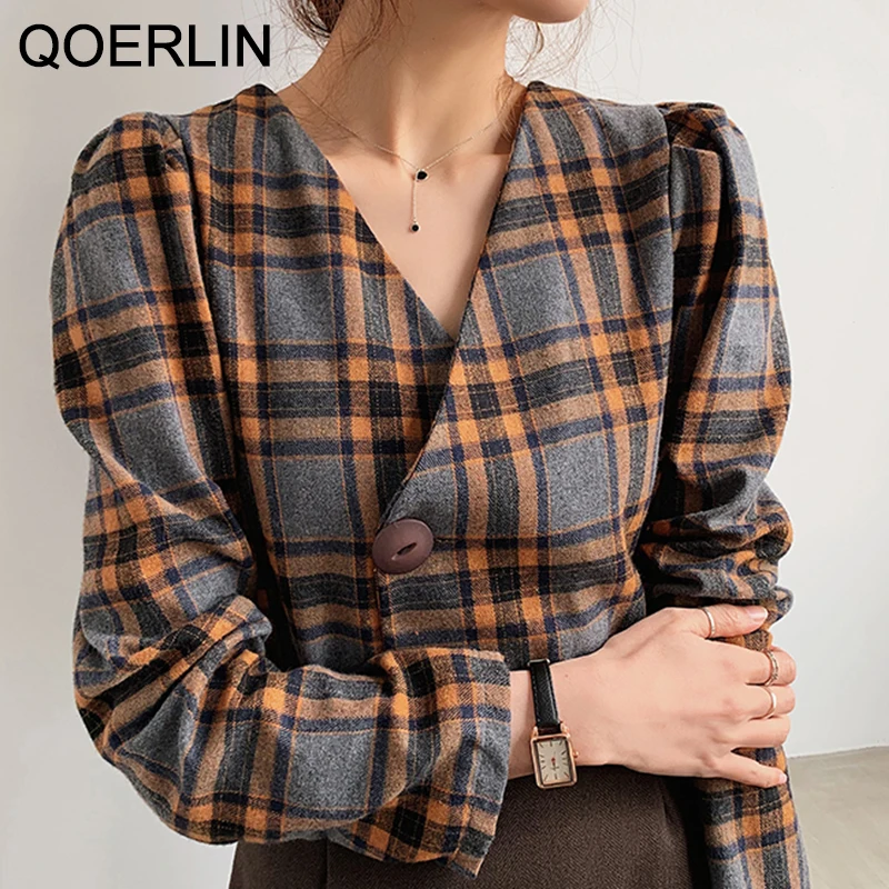 QOERLIN Chic Women's Elegant Blouse Long Sleeve Vintage Sexy V-Neck Plaid Crop Top Shirts Women's One Button Jacket Short Blouse