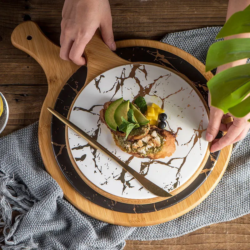 Restaurant Nordic Marble Light Luxury 10-Inch Steak Plate Creative Western Pizza Matte Gold Pattern Ceramic | Дом и сад