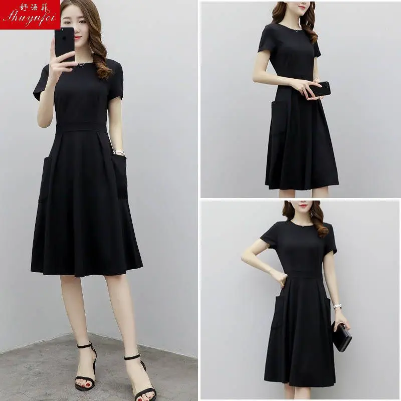 

2019 Summer New Style Hector Cool GIRL'S Black Dress Mid-length Skirt Slim Fit Elegant Korean-style Slimming Dress Women's Fashi