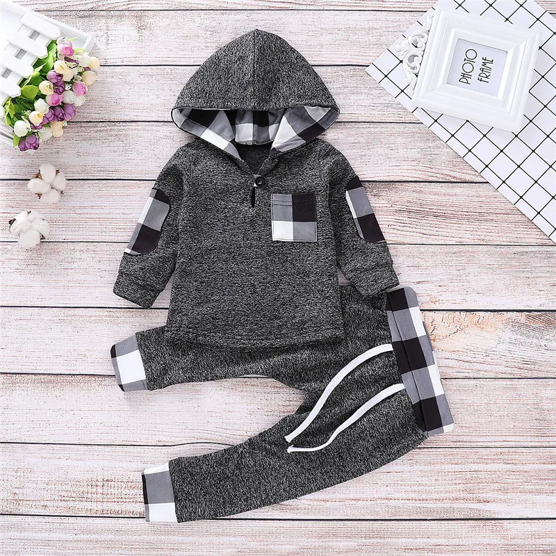 Long Sleeve Baby Boys Hoodies Clothes Winter Set 2Pcs Gray Plaid Hooded Tops+Pants Newborn Clothes Infant Baby Clothing D30