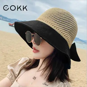 COKK Summer Hats For Women Knitted Breathable Foldable Sun Hat With Bow Sun Protection Sunshade Korean Beach Hat Cap Travel New 1