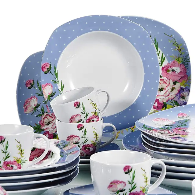 Veweet Hannah 30 Darabos Fehér Kerámia Vacsora Porcelán Vacsoralemez, Csészék És Csészealjak Étkészlet-Evőeszközök - Image 2