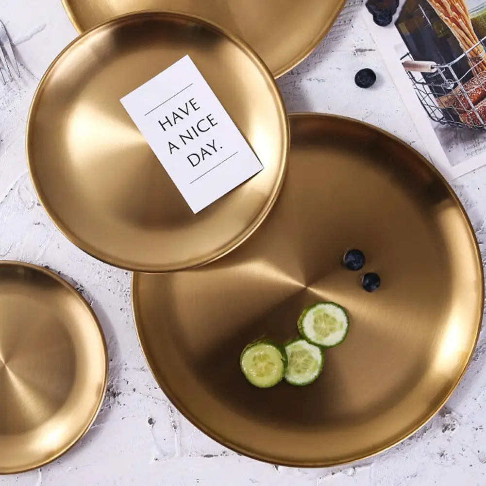 Storage tray Kitchen tray 14/17/20/23/26cm Dining Plate Fashion Gold Round Shape Tableware Meat Dessert Pizza Dish Fruit