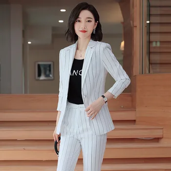 

Professional women's suit high quality pants suit two-piece 2019 new slim striped ladies blazer Casual trousers Female uniform