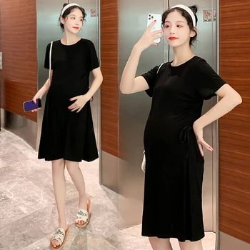 

6681# Summer Hot Maternity Dress Side Drawstring Slim Belly Clothes for Pregnant Women Stretch Knitted Cotton Pregnancy Clothing