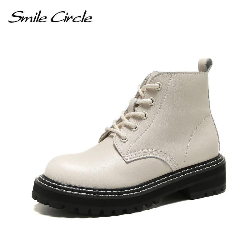 

Smile Circle Autumn Winter Ankle Boots Women Genuine Leather Platform boots Lace-up Punk Short Boots Ladies shoes
