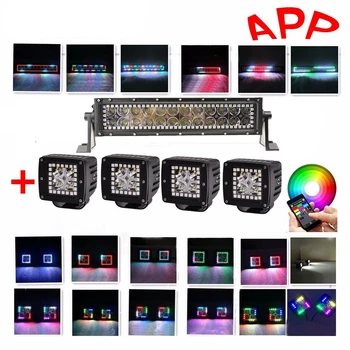 

4pcs 3X3 Pods LED Work Lights Multicolor Ring For Off Road 4X4 SUV With 72W Car Lights Bar By Remote controller By Bluetooth App