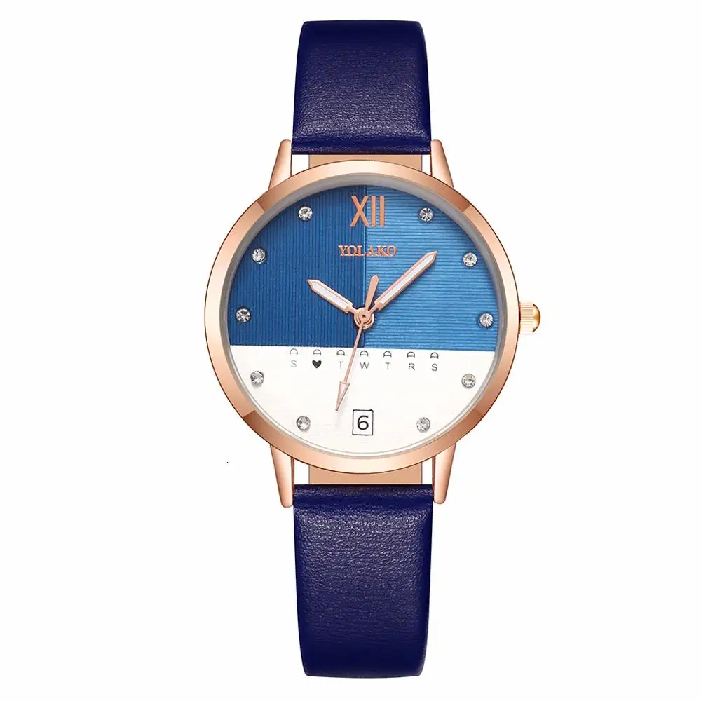YOLAKO, новинка, стразы, браслет, часы для женщин, кожаный ремешок, элегантные женские часы, кварцевые наручные часы, подарок, женские часы, orologio donna - Цвет: blue
