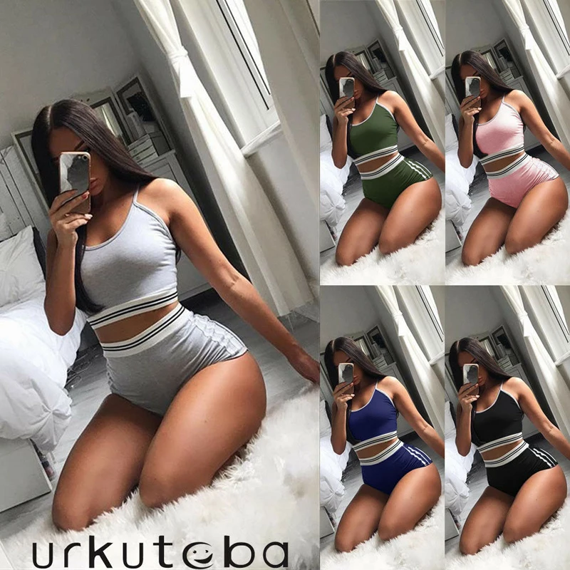 

2PCS Women side Striped Gym Tracksuit Spaghetti Strap Vest Tops Elastic Short Pants Set Sport Gym Wear Suit Outfits