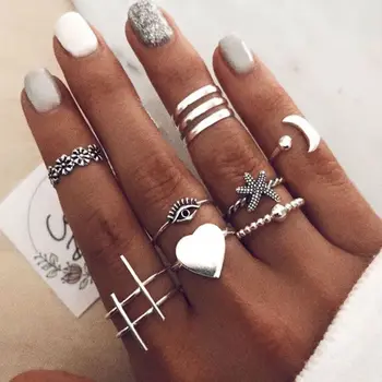 

10pcs/set Vintage Knuckle Ring Set Women Antique Silver Color Alloy Heart Love Flower Moon Starfish Finger Rings