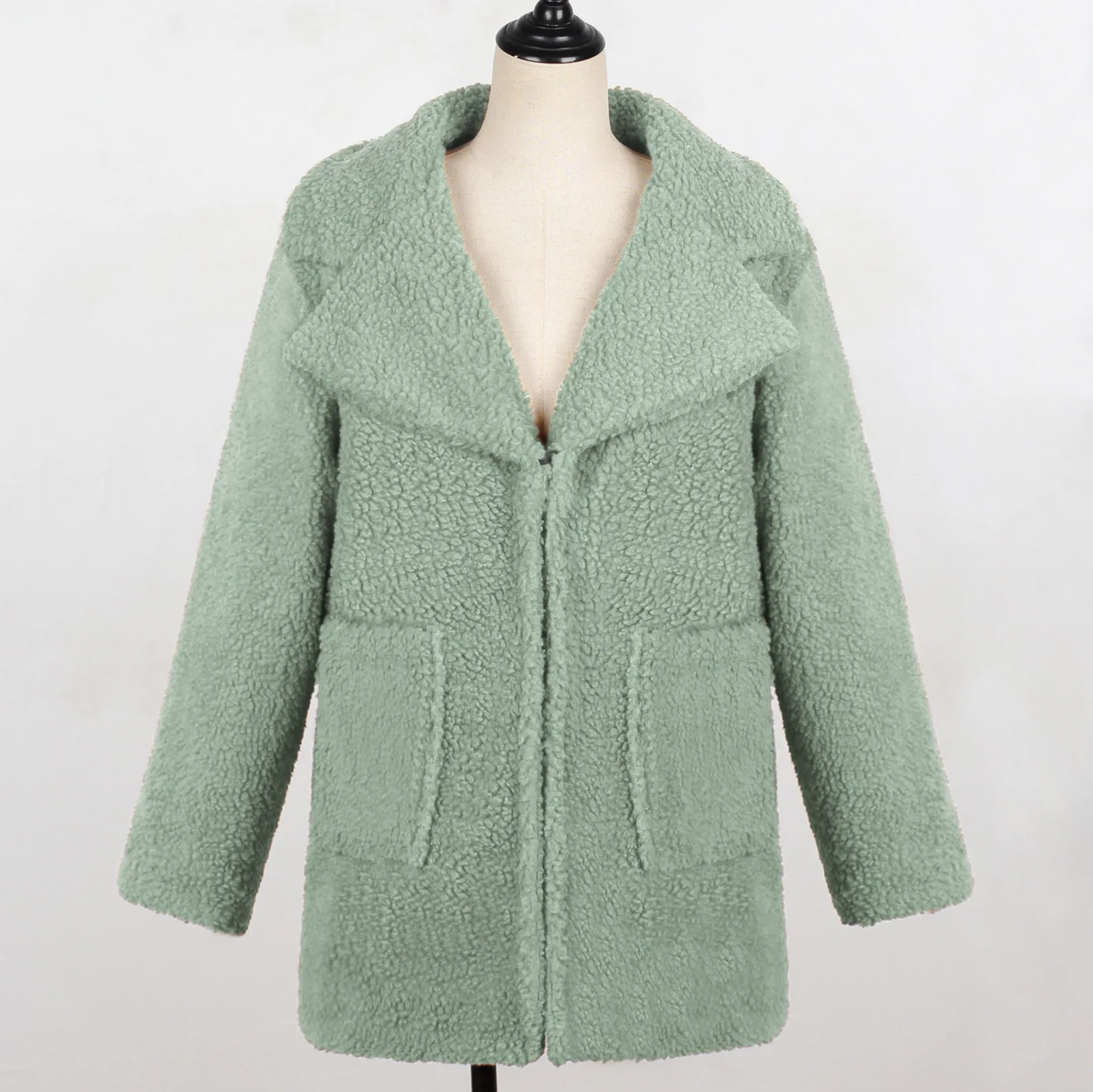 light green Женское пальто из искусственного меха, Элегантное длинное пальто из искусственного меха с отложным воротником и карманом - Цвет: light green