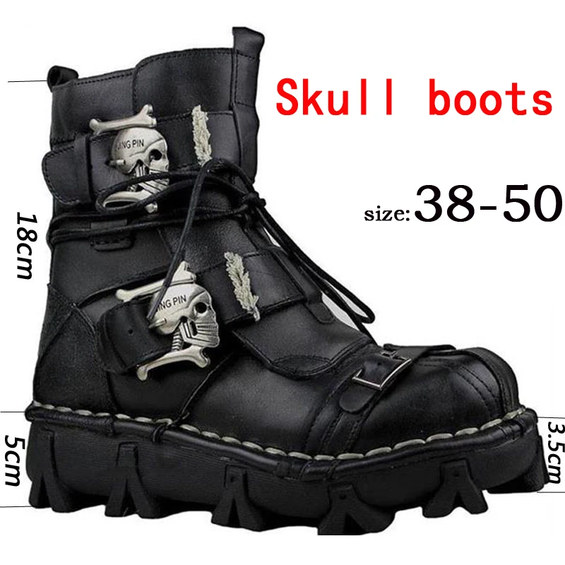 

Men's Cowhide Genuine Leather Motorcycle Boots Military Combat Boots Gothic Skull Punk Boots Work & Safety Boots