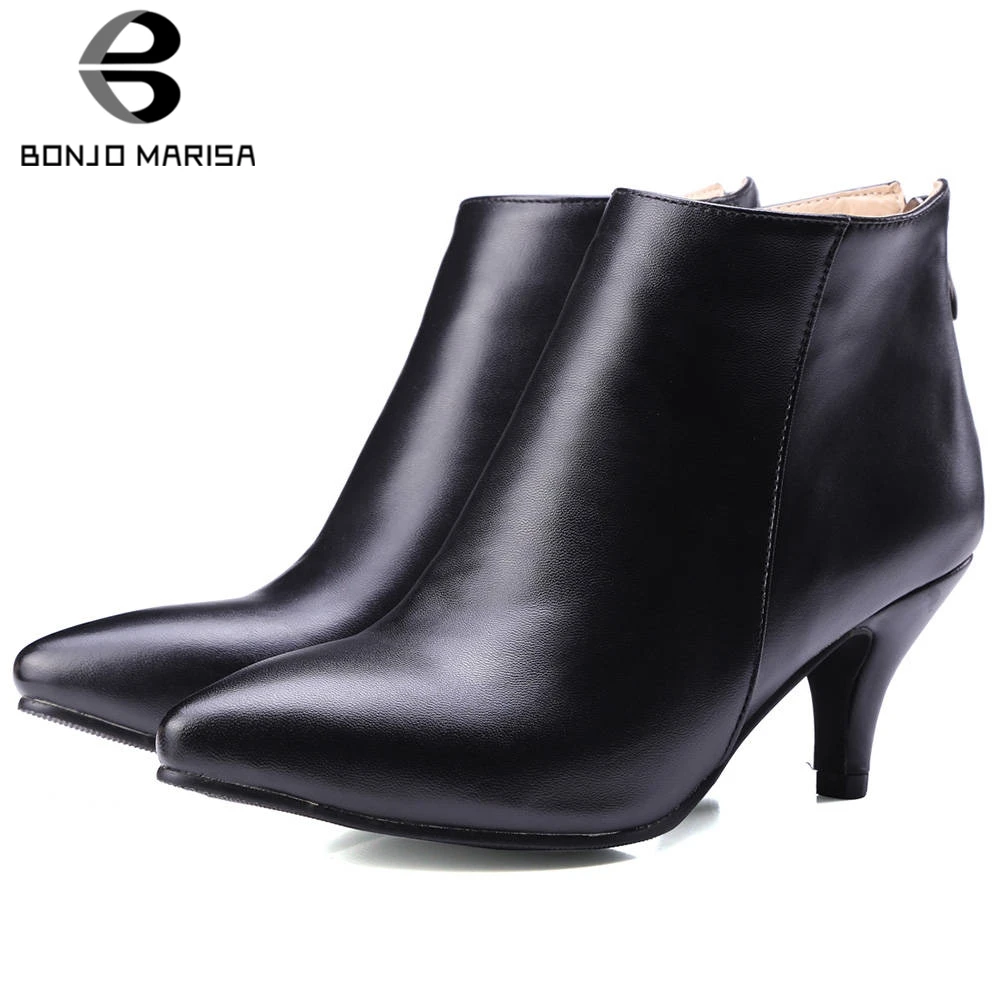 

BONJOMARISA Plus Size 33-48 New Mature Pointed Toe Booties Ladies Black OL Ankle Boots Women 2019 High Spike Heels Shoes Woman