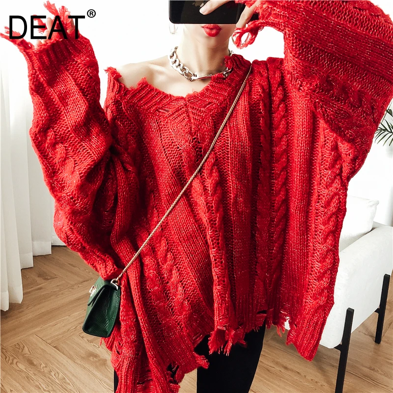 

DEAT Red V-neck Long-sleeved Hole Rough Hair Thick Line Plus Woman Pullover Sweater Casual Fashion 2019 Autumn Winter New TD224