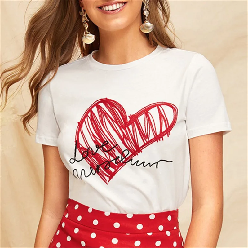 

Summer Casual Short Sleeve Letter Printed Women Tshirt Cute Red Heart Tops Ladies Simple Round Neck Graphic Print T Shirts