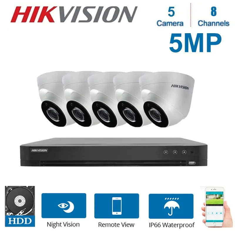 

English Hikvision 8CH DS-7208HUHI-K1 DVR video Surveillance and 5-Piece 5MP TVI/CVI/AHD/CVBS 4 in 1 camera night vision kit