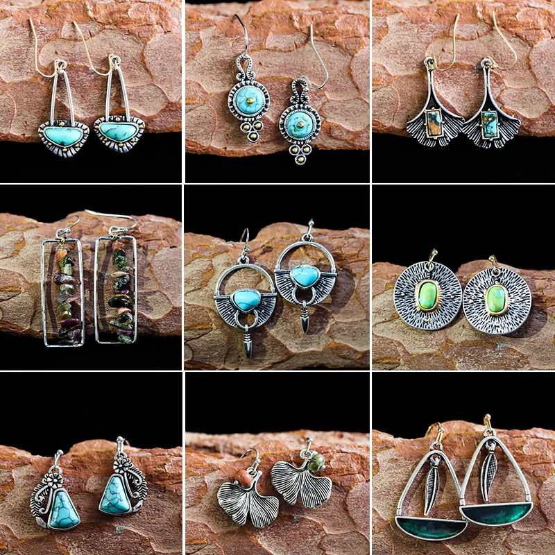 2021 Bohemian Ethnic Style Green Dangle Earrings For Women Tribal Jewelry Vintage Long Drop Earring Fashion Personality Gift