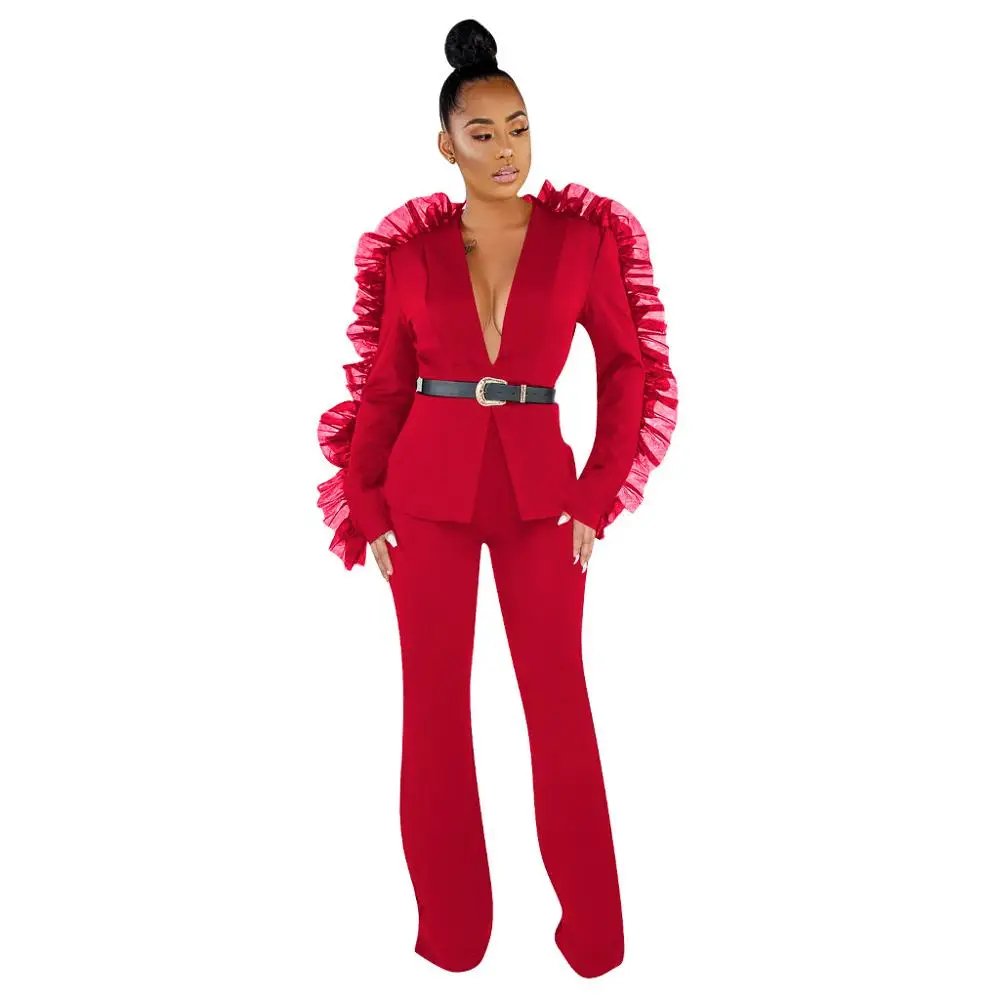 Adogirl однотонный Модный комплект из двух предметов с рюшами и сеткой блейзер с длинными рукавами Топ, пальто Широкие штаны женский деловой костюм повседневная одежда - Цвет: red 2 piece set