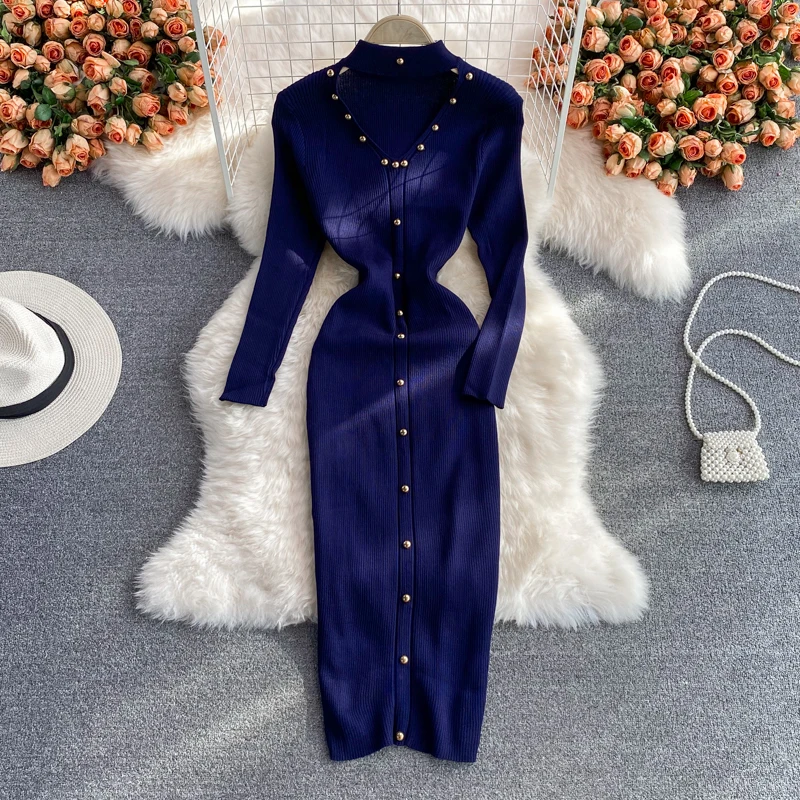 

Women's Autumn Winter Runway Fashion Beaded Sexy Hollow Out Knitted Dress Female High Waist Chic Party Dress TB1298