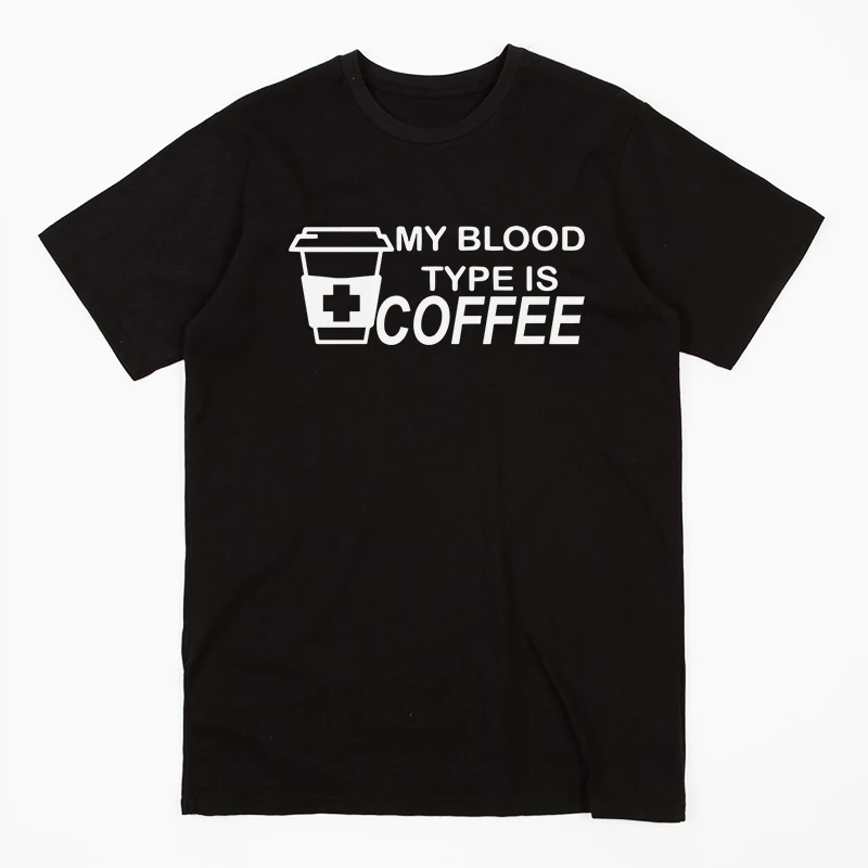 

Office Worker Favorite My Blood Type Is Coffee Pattern Print Black Short T Shirt Fashion Cotton Round Neck Male Tops