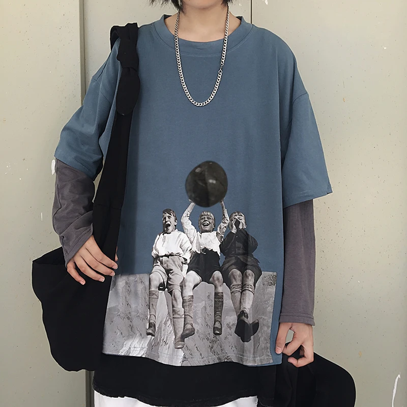 Корейский стиль, новинка, уличная одежда, пэчворк, принт, Harajuku, круглый вырез, ins, длинный рукав, футболки, женская одежда, футболки, женские топы, синие