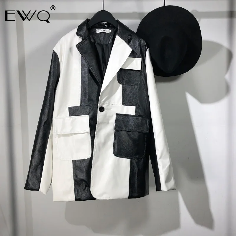 EWQ/ Весенняя новинка, Мужская Дизайнерская свободная Черно-белая популярная цветная Лоскутная куртка из искусственной кожи для мужчин и женщин 9Y33001